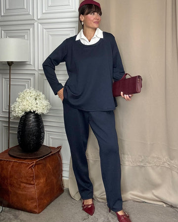 Coordinato in Tuta con collo in camicia 100% caldo viscosa blu