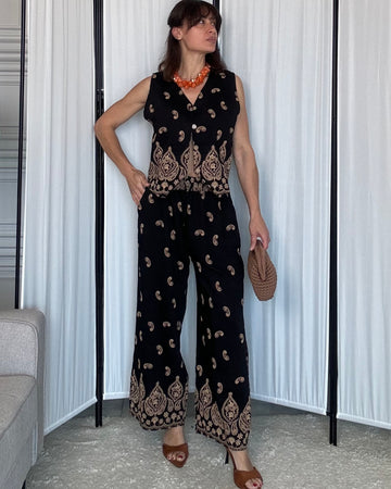 Coordinato Marrakech 35% Lino 58% cotone   “ricamo Tarz Fassi” nero ricamo oro