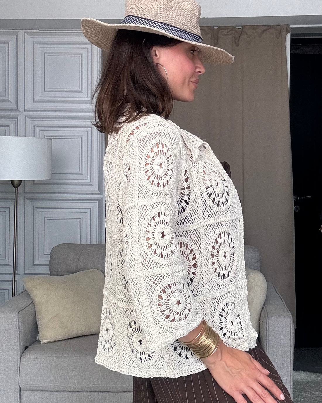 Cardigan in crochet 100% cotone écru