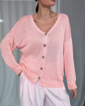 Cardigan estivo 100% lavorato in filo di cotone rosa