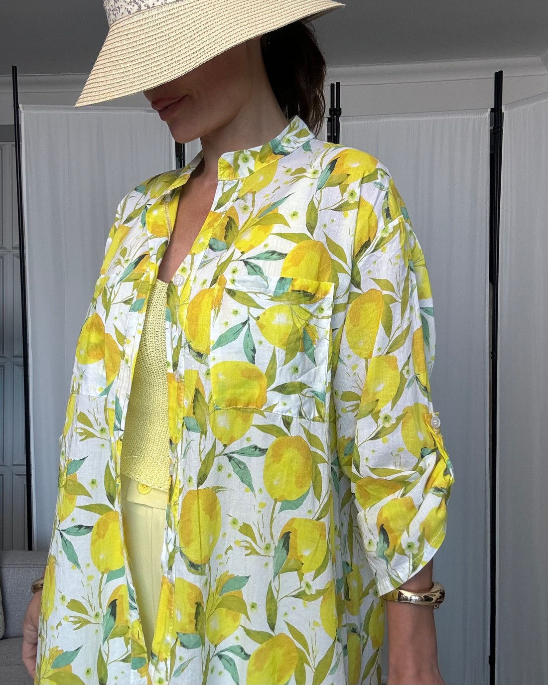 Maxi camicione 100% fresco cotone giallo limoni