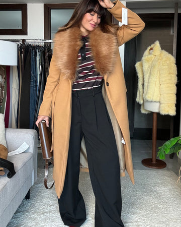 Cappotto Camel con collo eco pelliccia rimovibile