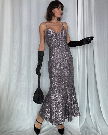 Abito luxury completamente in paillettes foderato in raso Made in Italy