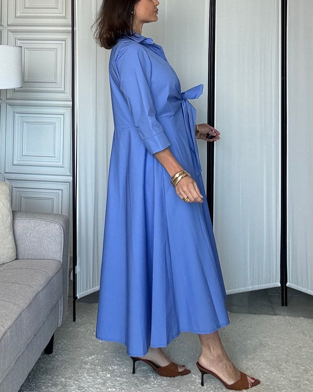 Abito midi chemisiere 100% fresco cotone azzurro pervica