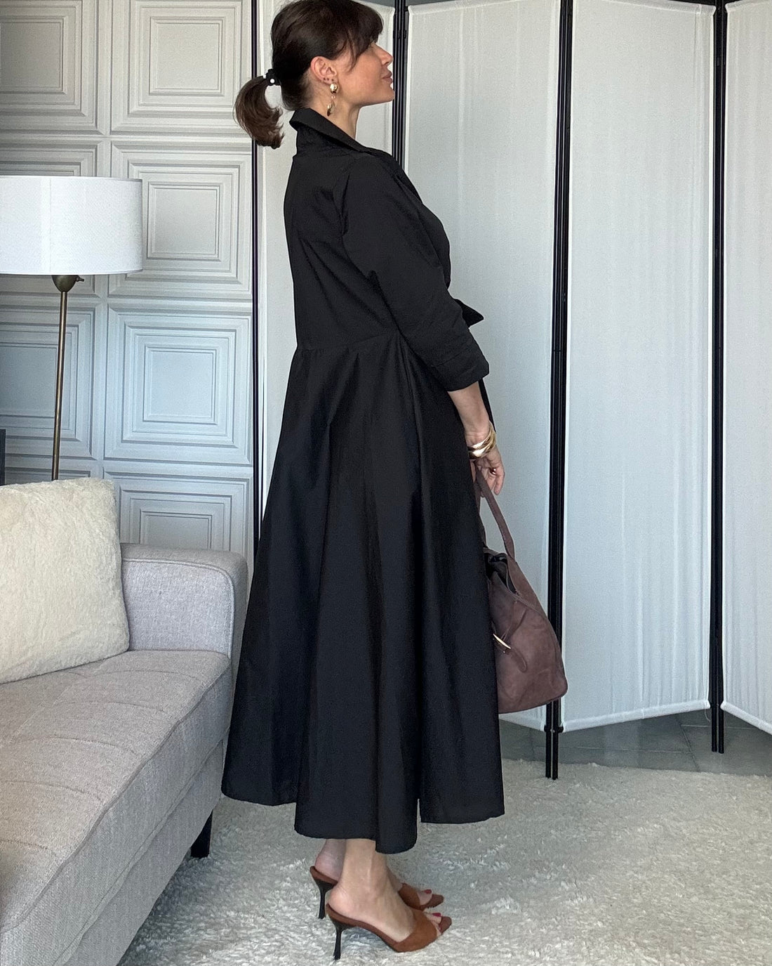 Abito midi chemisiere 100% fresco cotone nero