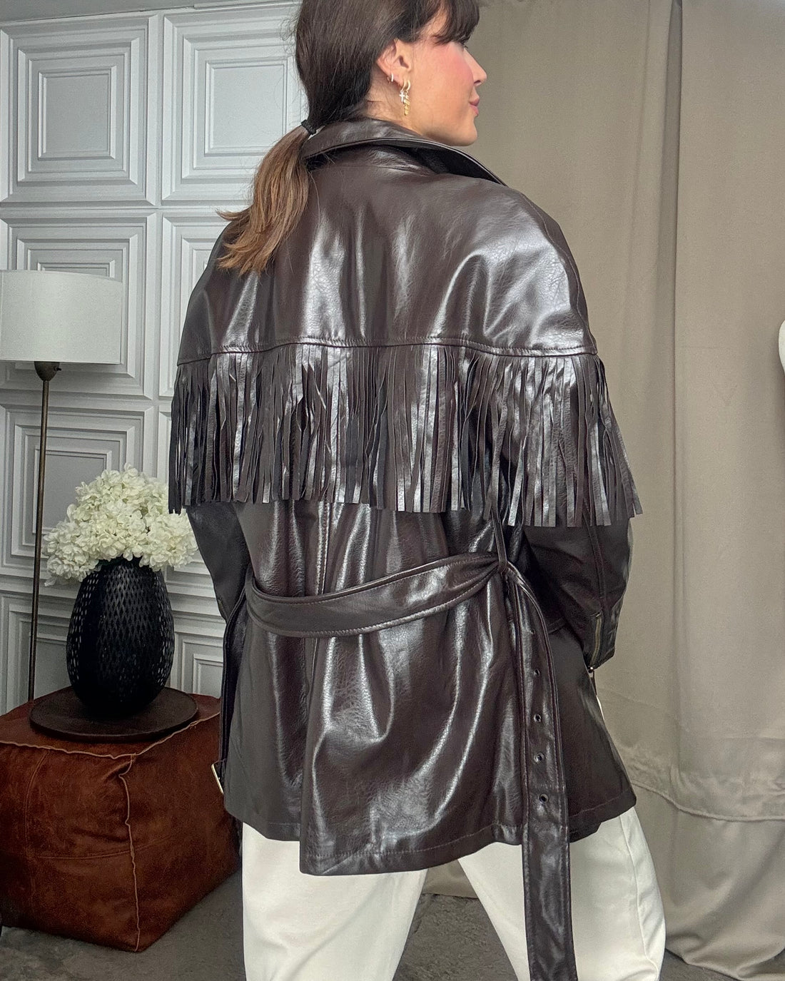 Giacca Biker ecopelle con frange testa di moro