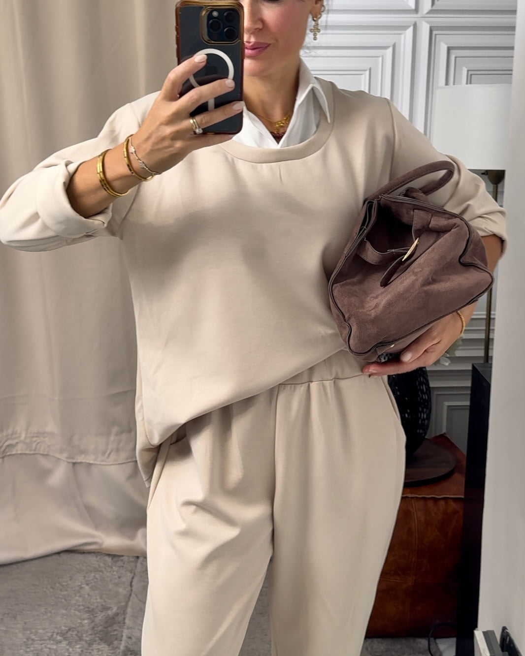 Coordinato in Tuta con collo in camicia 100% caldo viscosa crema