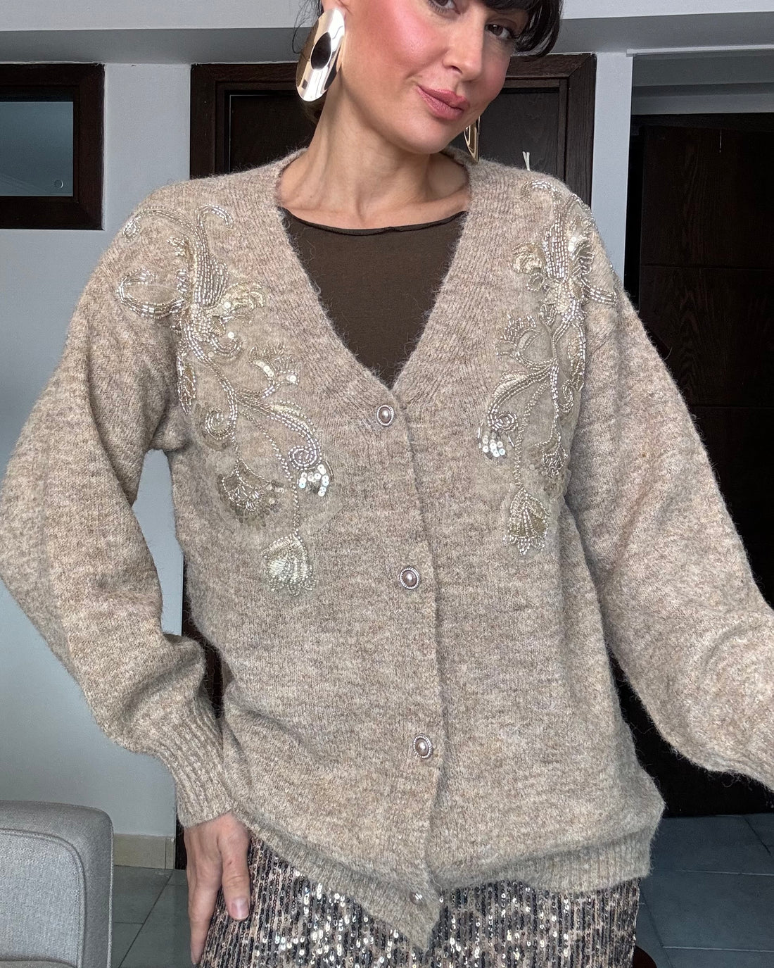Cardigan misto lana con paillettes champagne