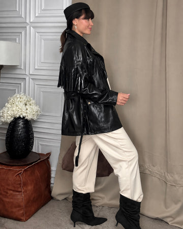 Giacca Biker ecopelle con frange nera 