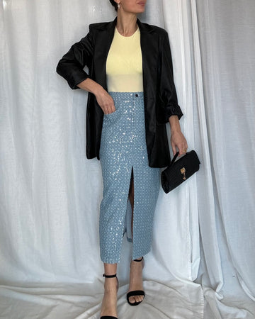 Gonna jeans tubino con paillettes lavaggio chiaro