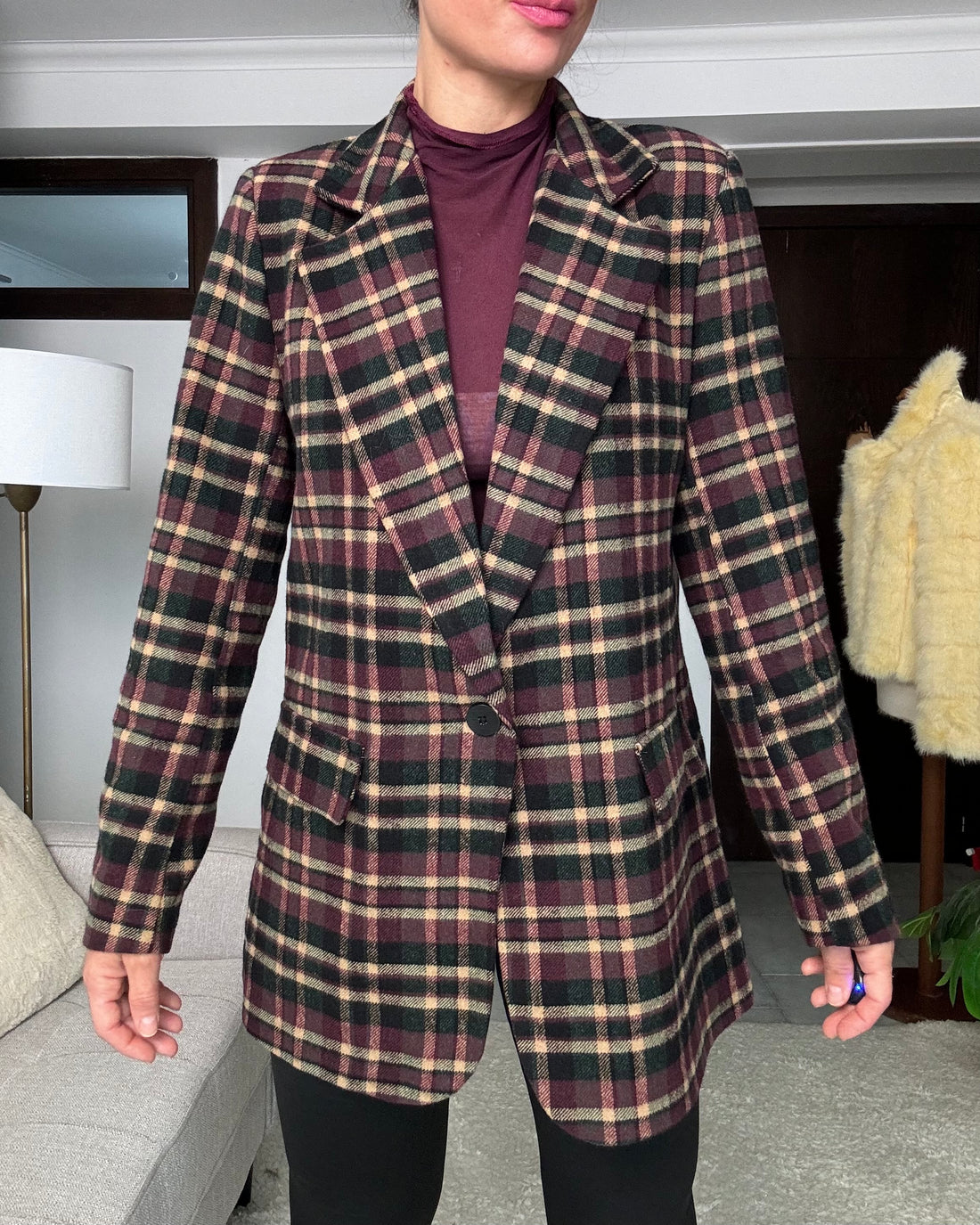 Blazer scozzese panno di lana borgogna