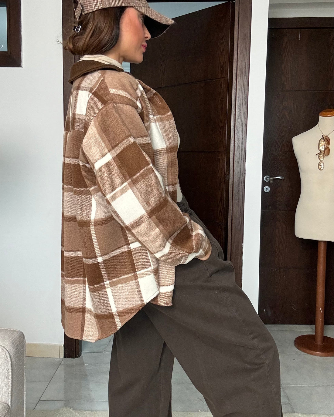 Camicia maxi in flanella beige e marrone