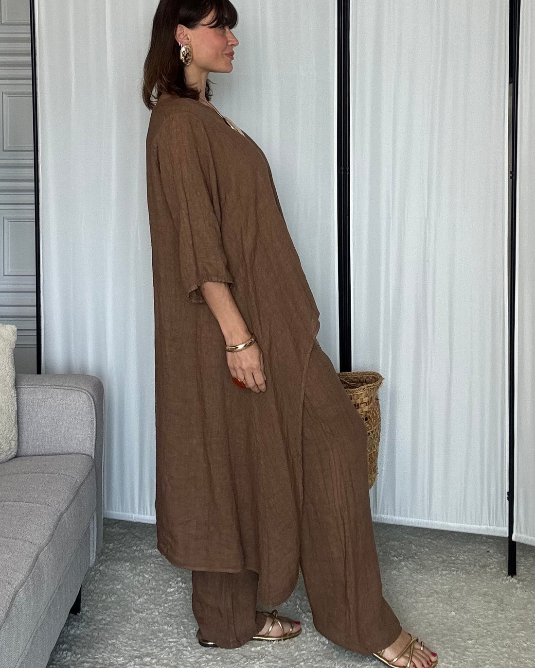 Completo in 100% Lino tunica e pantalone biscotto Made in Ital