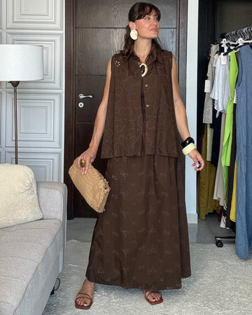 Completo camicia e gonna 100% cotone sangallo marrone