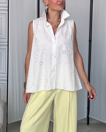Camicia scollo americano fit trapezio 100% cotone pizzo sangallo bianca