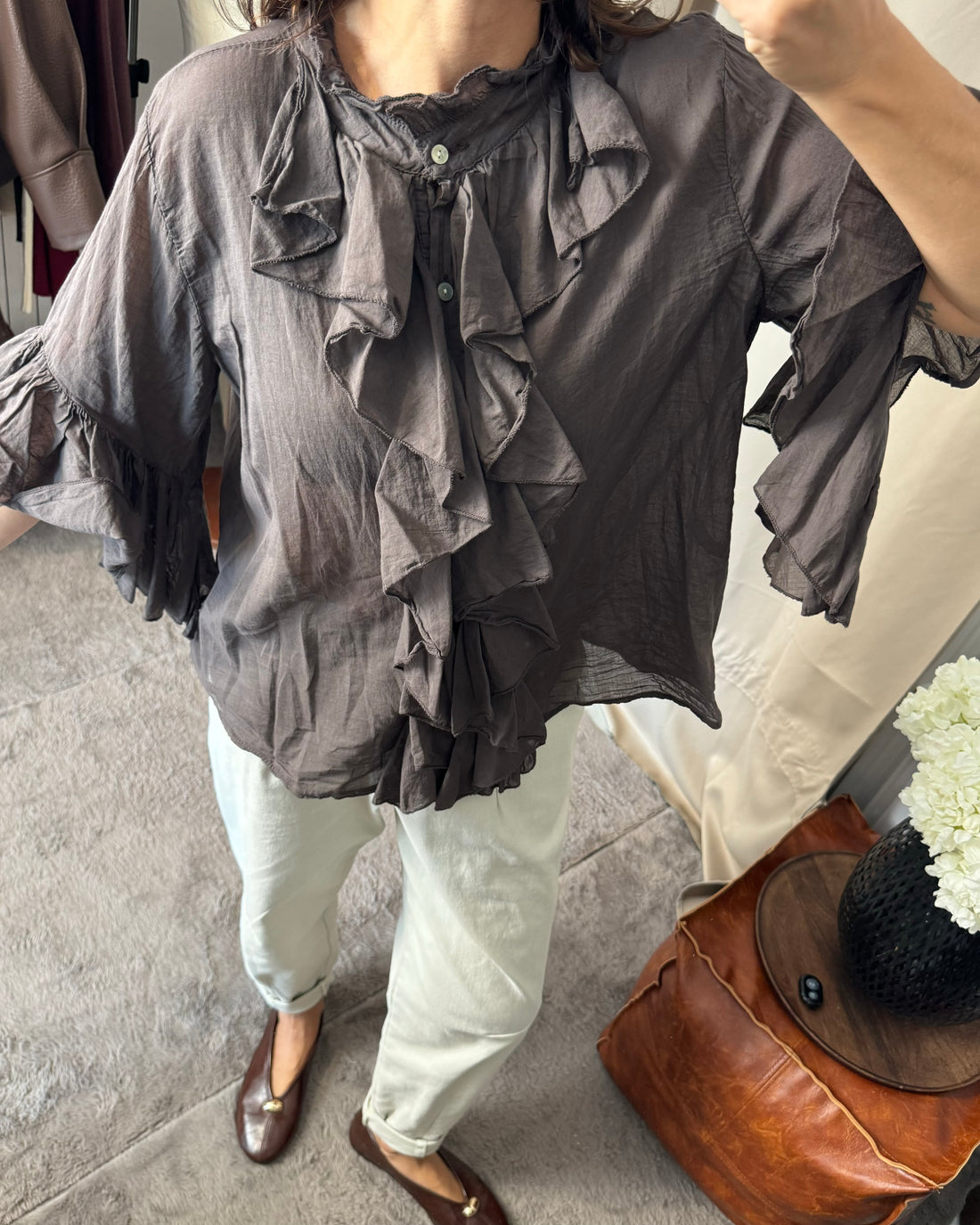 Camicia con rouches 100% cotone choco