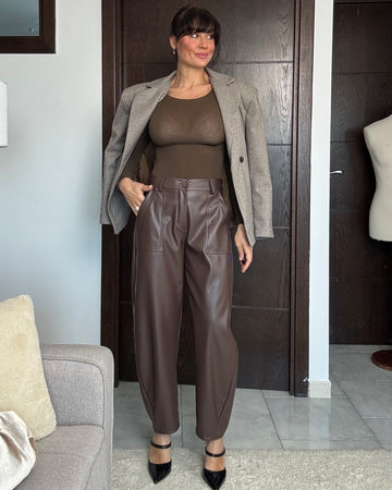 Pantalone Varsavia in ecopelle choco leggermente felpato