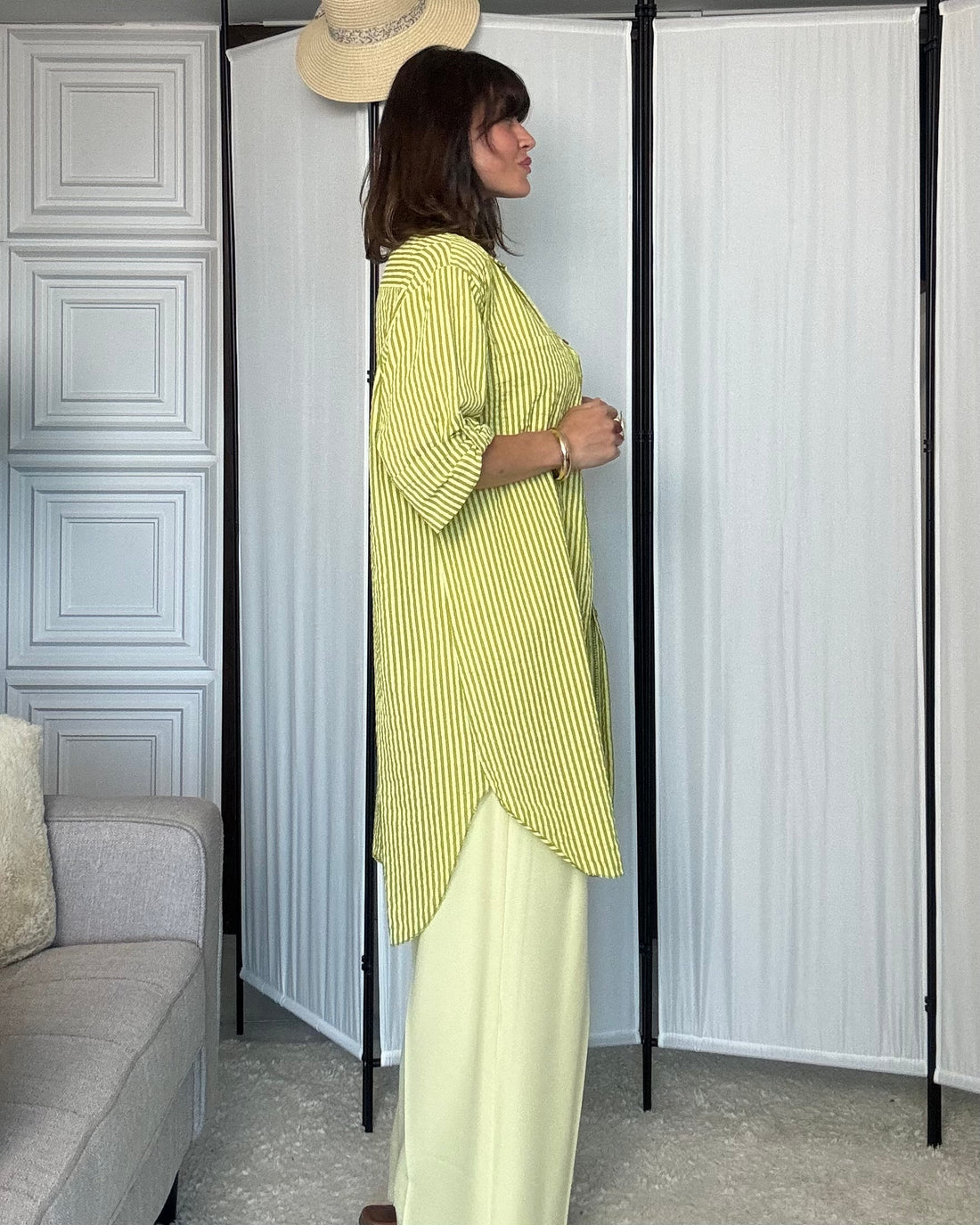 Maxi camicione 100% fresco cotone a righe lime