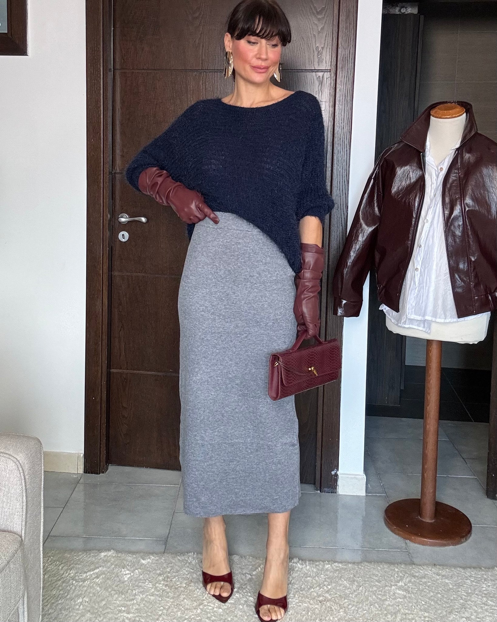 Gonna a matita grigio pastello misto lana