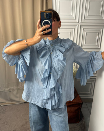 Camicia con rouches 100% cotone azzurra