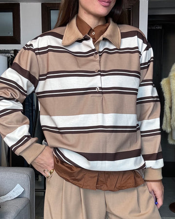 Polo a righe felpata camel, marrone e panna