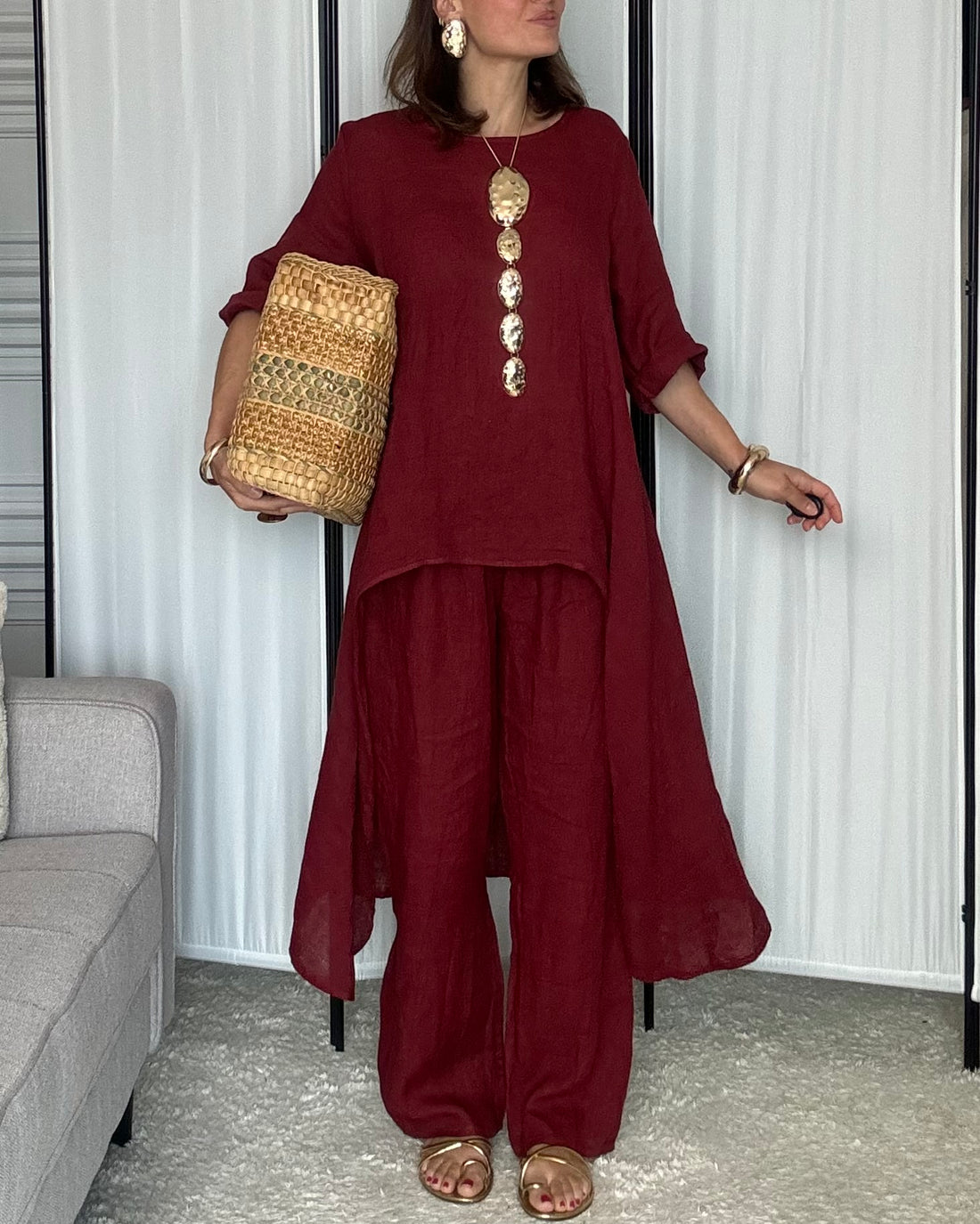 Completo in 100% Lino tunica e pantalone amaranto Made in Italy
