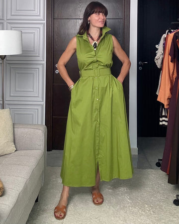 Chemisier con cintura 100% cotone verde