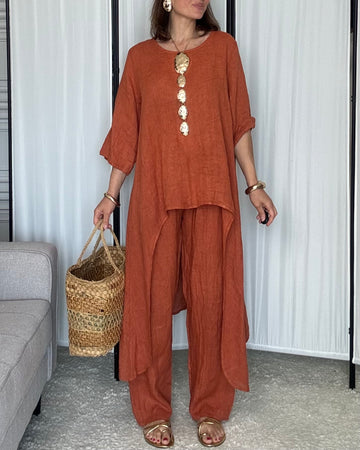 Completo in 100% Lino tunica e pantalone coccio Made in Ital