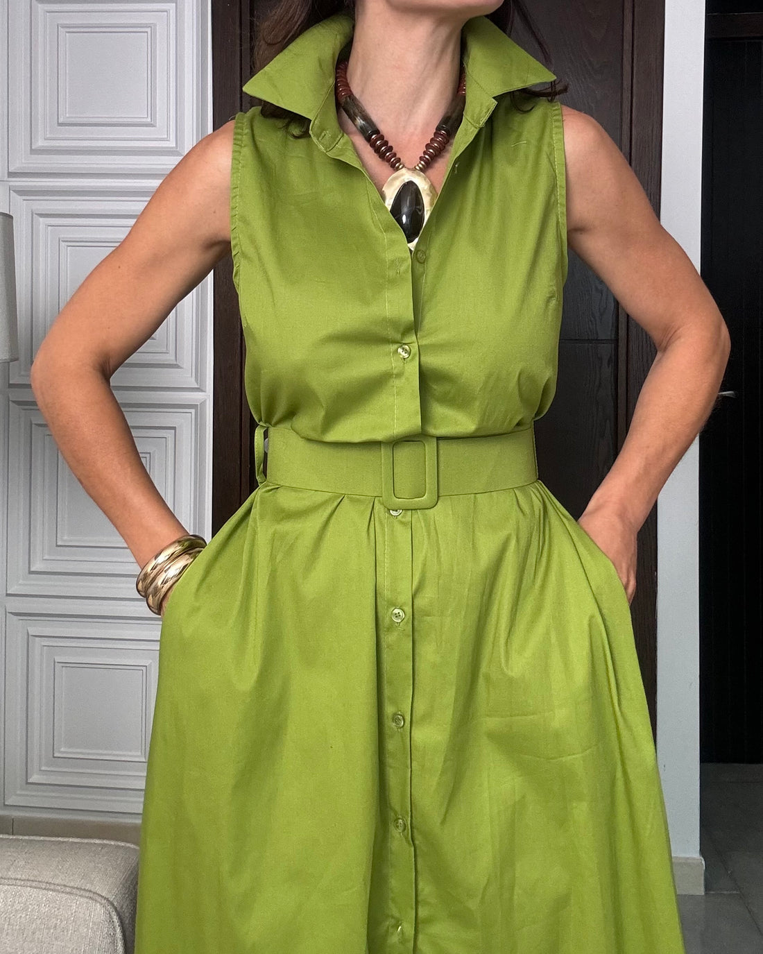 Chemisier con cintura 100% cotone verde