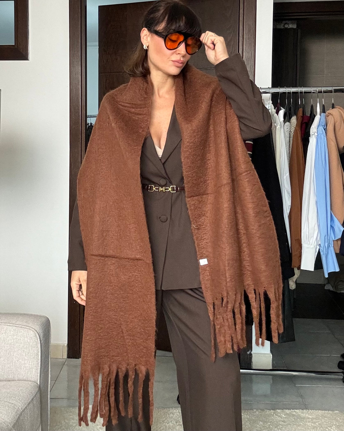 Sciarpa Maxi con frange marrone