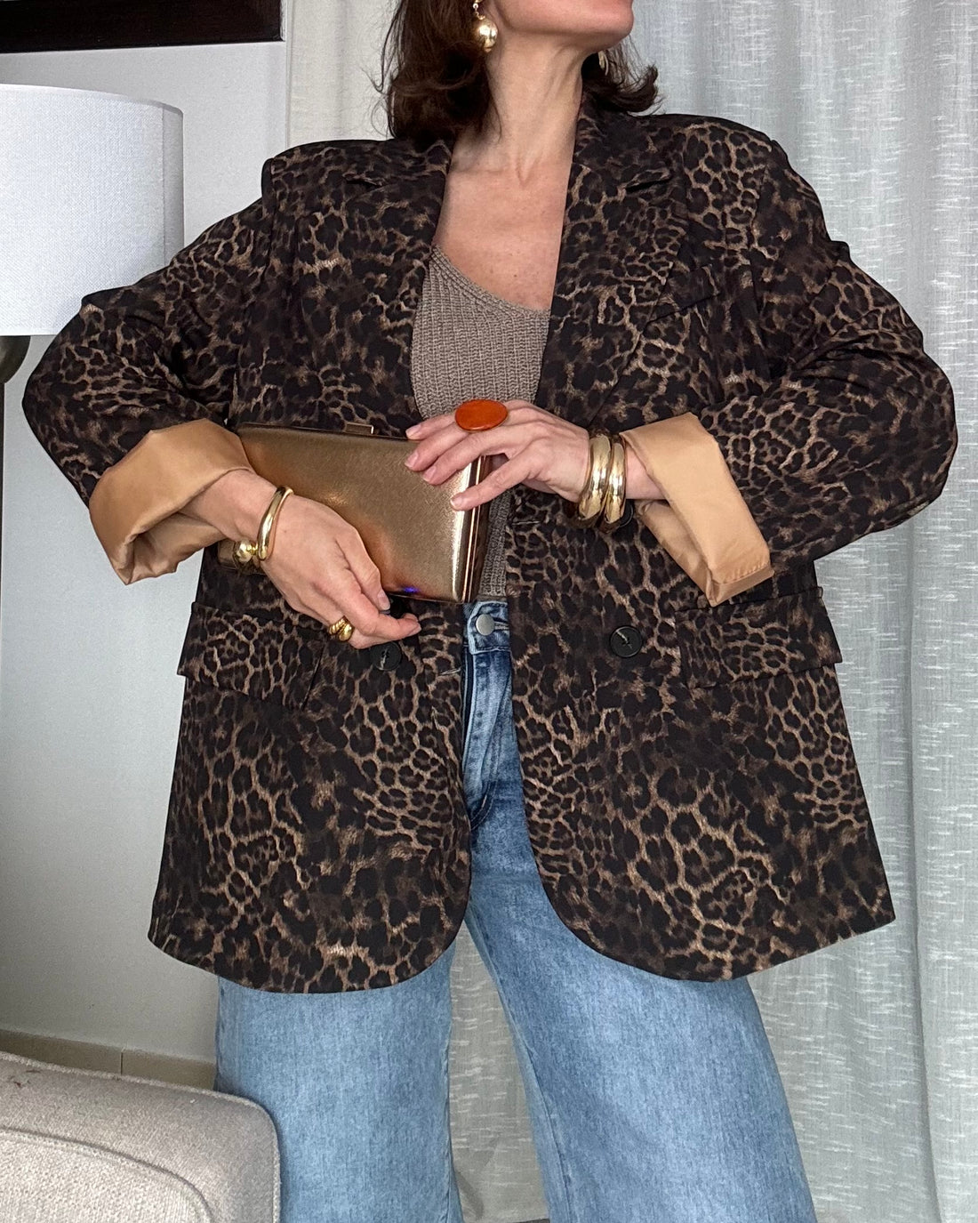 Blazer doppio petto animalier foderato oro/champagne