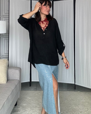 Blusa nera 100% puro cotone effetto Lino