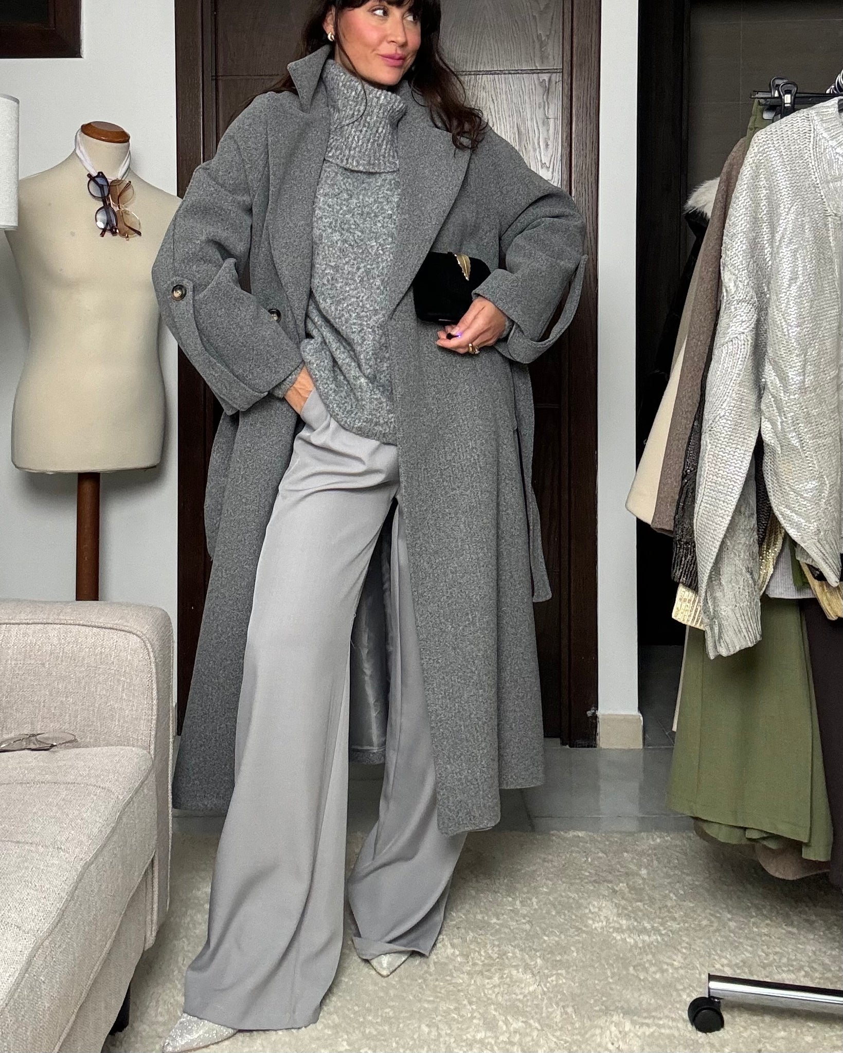 Cappotto lana rasata raglan grigio