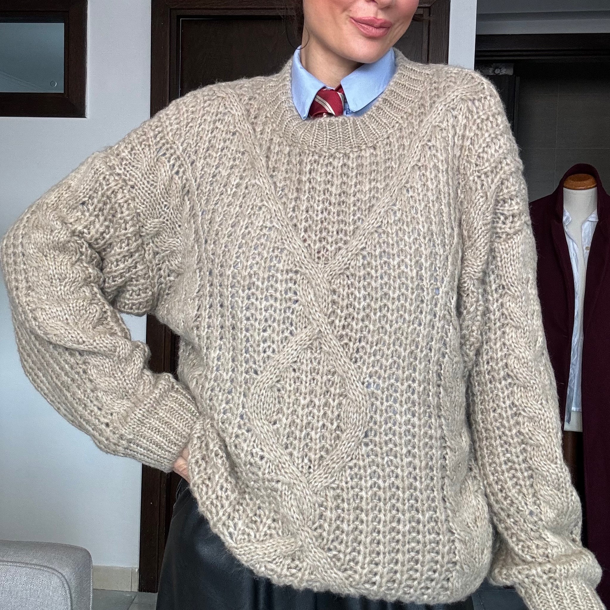 Pullover maxi  lana intrecciata fango