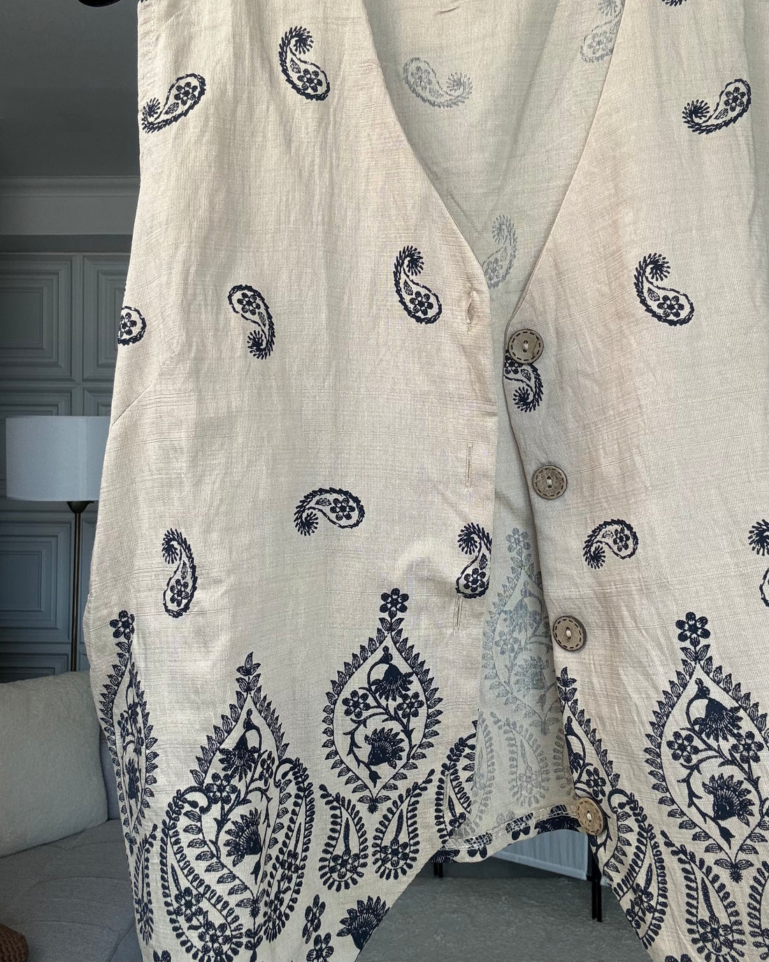 Coordinato Marrakech 35% Lino 58% cotone   “ricamo Tarz Fassi” beige ricamo blu panna