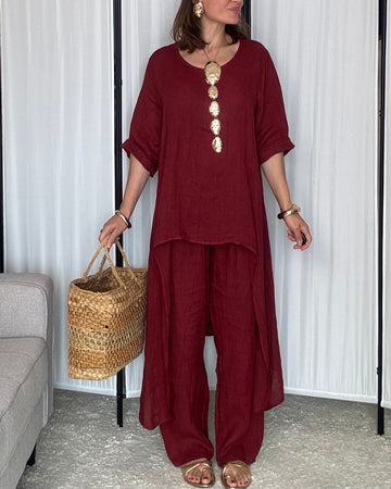 Completo in 100% Lino tunica e pantalone amaranto Made in Italy