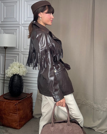 Giacca Biker ecopelle con frange testa di moro