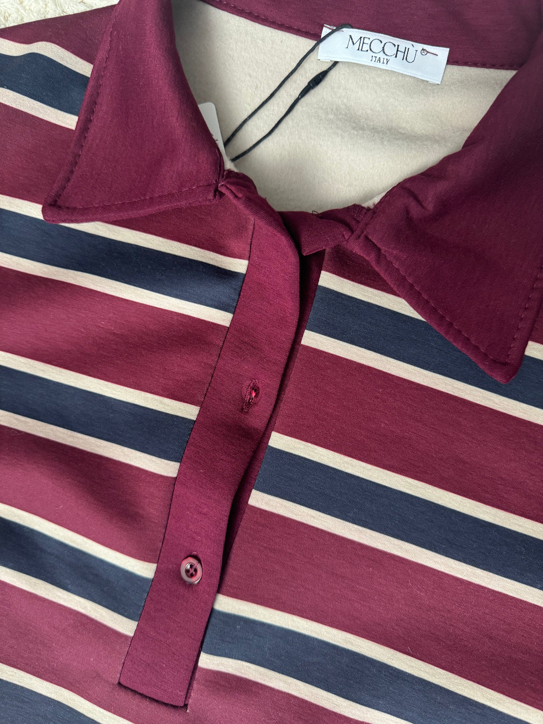 Polo a righe felpata blu scuro , panna  e Borgogna